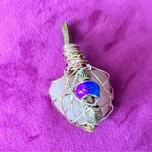 Pink Quartz Crystal Wire Wrapped Stone Pendant Necklace Handmade Leather accent